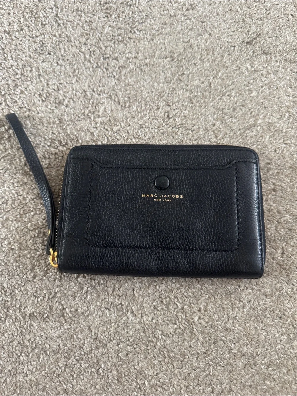 Marc Jacobs Black Pebbled Leather Wristlet Wallet with Gold Logo